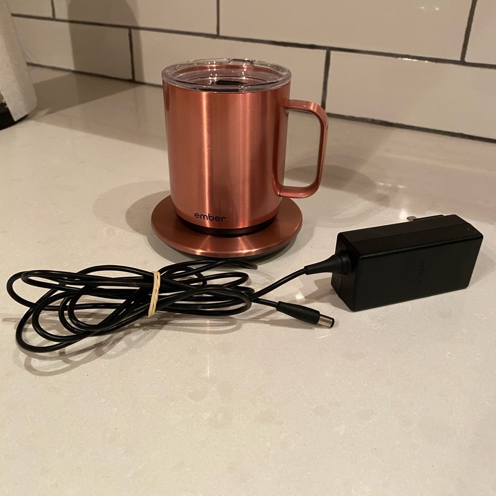 Ember smart mug with charging plate, charger and lid in copper, 10 ounce